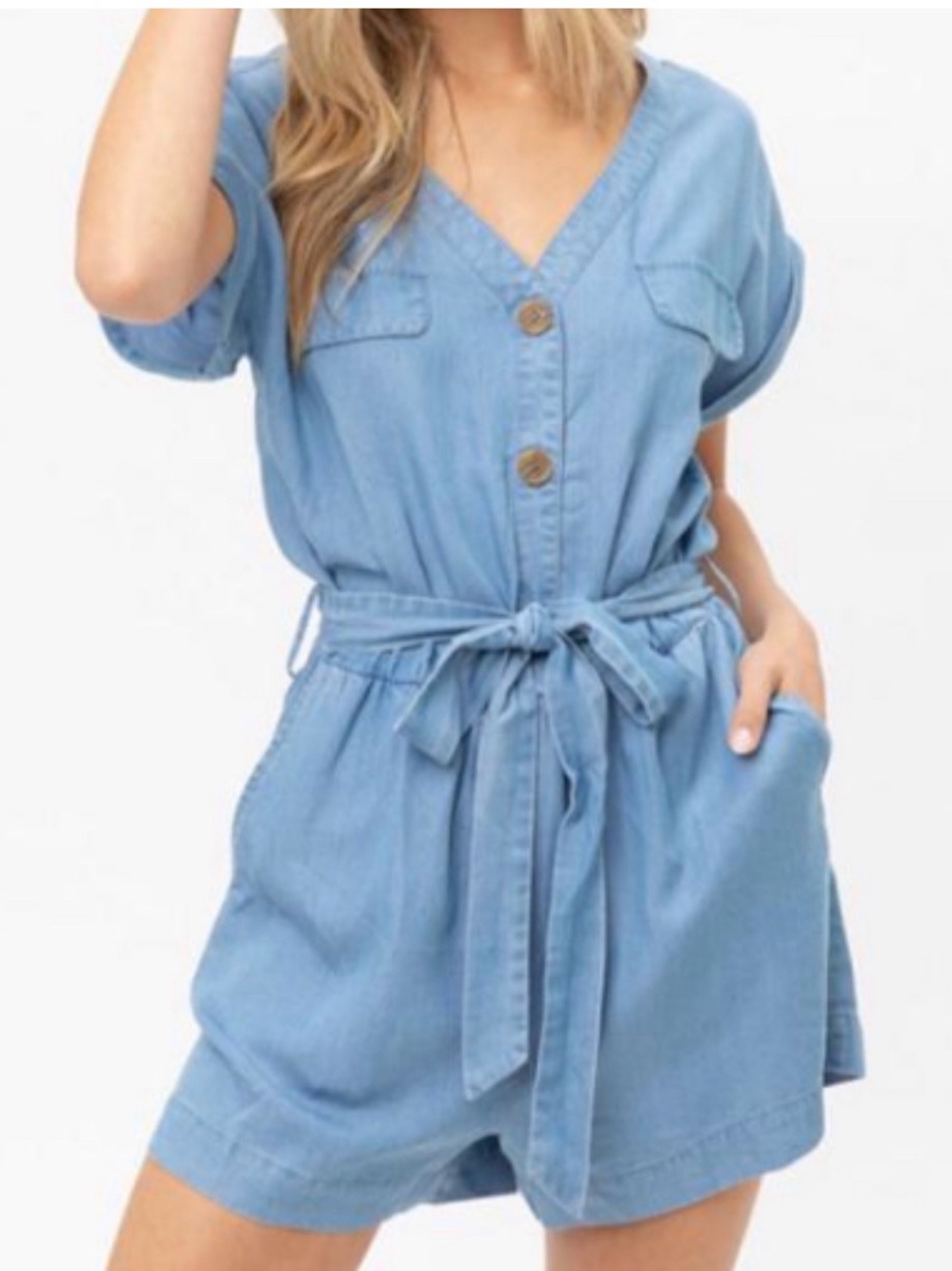 Love Tree Light Blue Denim-Style Tie-Waist V-Neck Romper